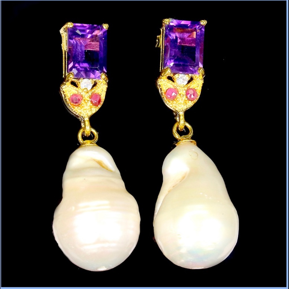 Octagon Amethyst 8x6mm Ruby Pearl Cz 925 S.Silver 14k Yellow Gold Earrings